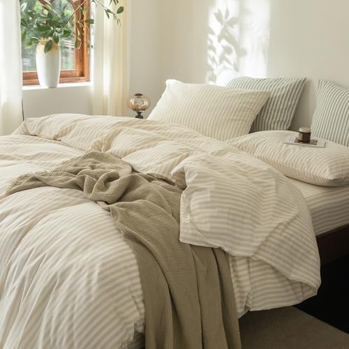 FOSSA Striped Duvet Cover Set 100% Washed Cotton Linen Feel Twin