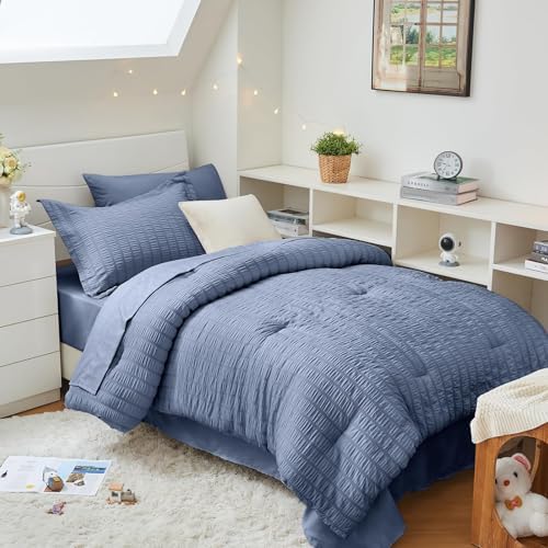 HYMOKEGE Nordic Blue Twin XL Comforter Set Seersucker 5 Pieces, All Season Luxury Bed in a Bag for Bedroom, Bedding Set with Comforter, Sheets, Pillowcase & Sham