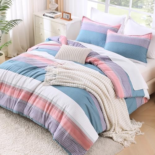 Litanika Sea Salt King Size Comforter Set - 3 Pieces Stripe Bed Set