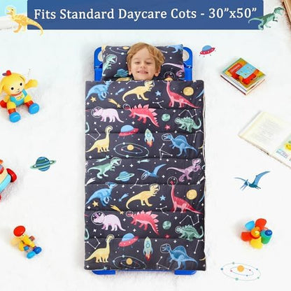 Toddler Nap Mat for Preschool 50''x30'' Sleeping Mat with Removable Pillow and Minky Blanket for Kids Ages 3-7 Roll Up Soft Sleeping Bag for Boys Girls Kindergarten Daycare Sleepover