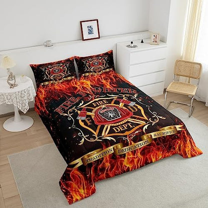 Castle Fairy Teens Firefighter Theme Comforter Set Full Size,Red Flame Bedding Set for Kids Boys Adult Bedroom Decoration,Fireman Sign Bed Duvet Insert,Red Fire Engine Comforter with 2 Pillowcase