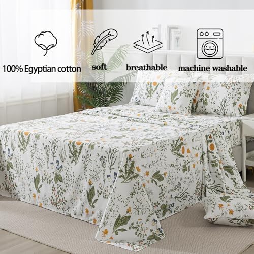 FADFAY 100% Egyptian Cotton Sheets Queen Botanical Printed Floral Sheets Yellow Flowers & Leaves Pattern Farmhouse Bedding Soft and Breathable French Country Bedding 4Pcs Deep Pocket Queen Sheet Set