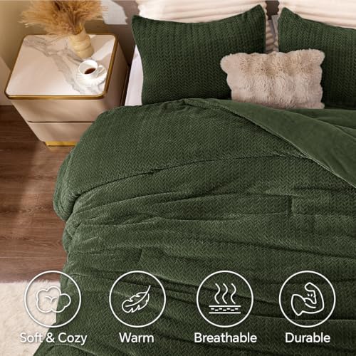 ChiXpace Fleece Queen Comforter Set Olive Green, Fluffy Bed Set 3 Pieces