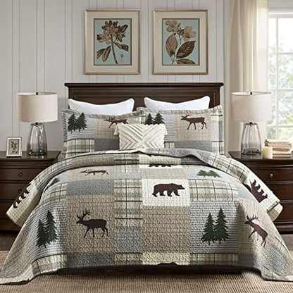 Y-PLWOMEN 100% Cotton King Size Quilt Farmhouse Plaid 3-Pieces Bedding