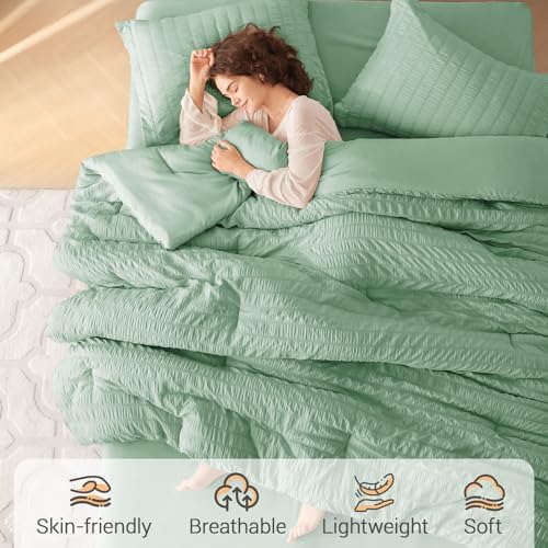 MUXHOMO 5 Pieces Twin XL Comforter Set, Seersucker Bed in a Bag Twin XL Size, All Season Luxury Bedding Set with Comforter, Flat Sheet, Fitted Sheet, Pillowcase & Sham, Sage Green
