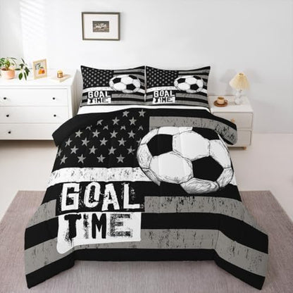 Boys Football Comforter Set Queen, American Flag Duvet Sets Soccer Sports Games Down Comforter for Kids Teens Adult Bedroom, United States Stars Stripe Bedding Set with 2 Pillowcases, Black White