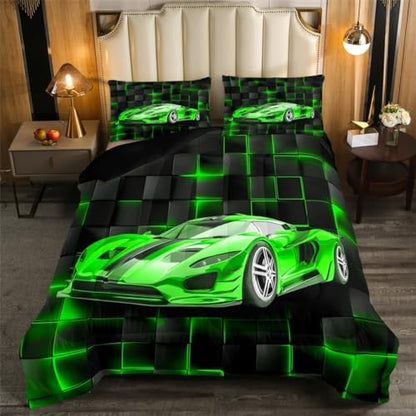 Feelyou Kids Green Race Car Comforter Set King Size Speed Sports Car Bedding Set for Boys Teens Decor Geometric Honeycomb Comforter Extreme Sports Duvet Set 3pcs