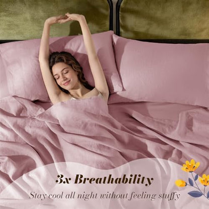 SONORO KATE 100% French Linen Queen Size Sheets Set,Natural Flax Bedding