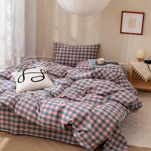 mixinni Plaid Duvet Cover Set King Purple - Soft Washed Cotton Modern Geometric Bedding Set with 2 Pillowcases, Pink Blue Gingham Grid King Duvet Cover for Men & Women, Soft & Lightweight