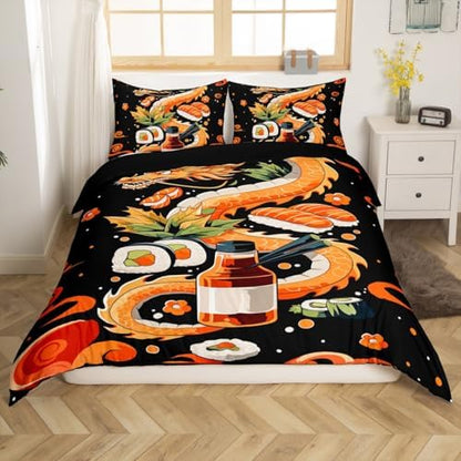 Feelyou Kids Dragon Duvet Cover Toddler Sushi Bedding Set Boys Girls Japanese Style Comforter Cover Set Cute Cartoon Japanese Sushi Dragon Bedspread Cover（No Comforter