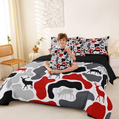 Erosebridal Deer Camouflage Full Comforter Set with Sheets 7 Piece Hunting Elk Camo Bed in A Bag Red Grey Black Military Bedding Sets for Kids Boys Girls Rustic Cabin Lodge Bed Set