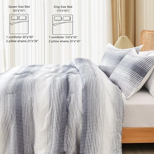 PHF Yarn Dyed Waffle Comforter Set 3 Pieces Queen, White and Navy Blue