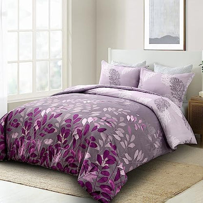 DJY Purple Comforter Set King, Botanical Leaves Comforter for King Bed 3 Pieces Reversible Floral Bed Comforter Sets Soft Microfiber Bedding Set for All Season (104"x90")