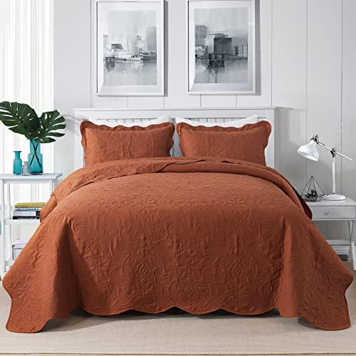 HoneiLife Embroidered Quilt King Size - 3 Piece Microfiber Quilt Sets Lightweight Bedspreads Reversible Coverlets Retro Bed Cover Paisley Pattern Bedding Set All Season Quilts-Rust