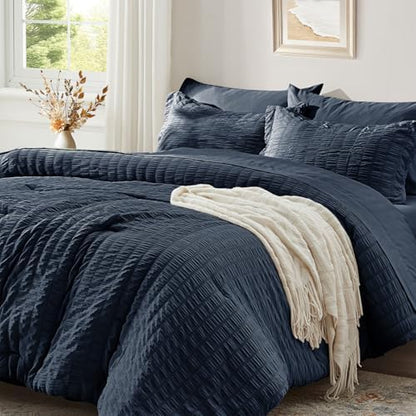 Queen Comforter Set 7 Piece, Navy Blue Bed in a Bag Queen Bedding Sets