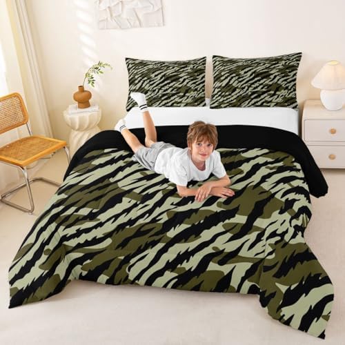 Feelyou Camouflage Comforter Set Full Size Military Style Bedding Set for Kids Boys Girls Army Green Duvet Quilt Green Camo Bedroom Decor Microfiber 3 Pcs with 2 Pillow Cases