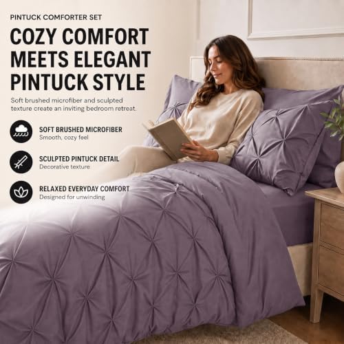 HIMEET King Size Comforter Set Dusty Purple - 7 Pieces Pintuck Bed in a Bag