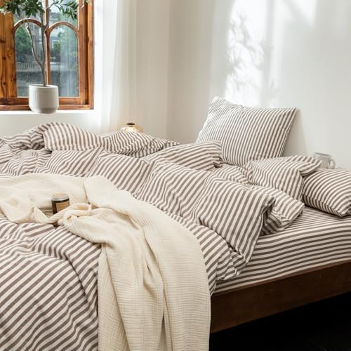 FOSSA Striped Duvet Cover Set 100% Washed Cotton Linen Feel Twin