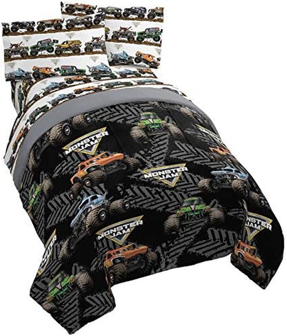 Jay franco Monster Jam Tracks 4 Piece Twin Bed Set - Includes Comforter & Sheet Set - Bedding Features Grave Digger & Megalodon - Super Soft Fade Resistant Microfiber (Official Monster Jam Product)