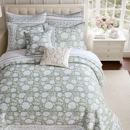 Levtex Home – Adare Sage Bedspread Set – Queen Bedspread (110x106in.) and 2 Standard Shams (20x26in.) – Floral Botanical Design – Sage and White – Reversible – Cotton