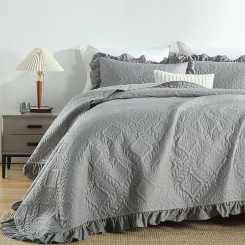 DJY Grey Quilts Queen Size - Ruffled Lightweight Soft Queen Quilt, Reversible Coverlet Bedding Set for All Season 3 Piece (1 Quilt, 2 Pillow Shams)