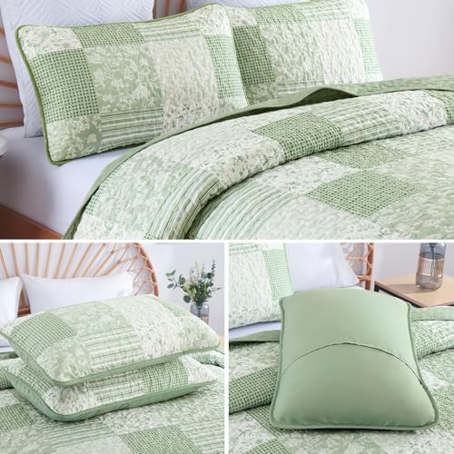 Mybedsoul Boho Quilt King Size, Patchwork Floral Bedding Set, Light Green