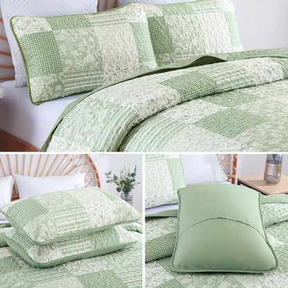 Mybedsoul Boho Quilt King Size, Patchwork Floral Bedding Set, Light Green