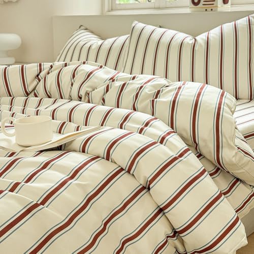 NSNLGSGC Red Brown Retro Striped Duvet Cover Set, Twin