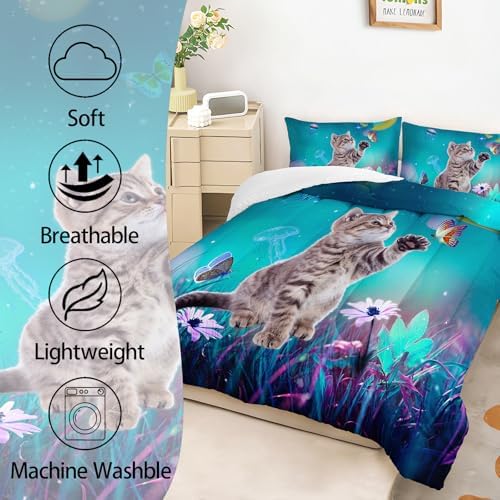 AILONEN Cat Bedding Set Queen Size with Girl Sitting on The Moon and Jellyfish Comforter Set for Kids Boys Girls,Dreamy Starry Soft Breathable Duvet Set 3 Pieces, 1 Quilt and 2 Pillowcases