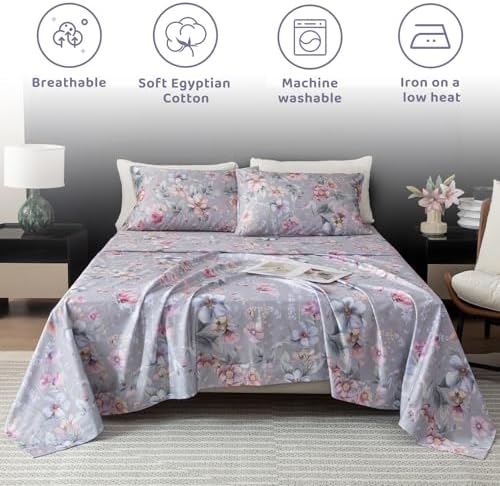 QSH Gray Floral Egyptian Cotton Sheets King Size,Luxury Silk Feel Botanical Flowers Pattern Printed Bed Sheets Sets King Size Aesthetic Soft and Breathable 17.5" Deep Pockets Bedding Sheets 4pcs