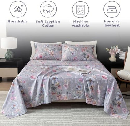 QSH Gray Floral Egyptian Cotton Sheets King Size,Luxury Silk Feel Botanical Flowers Pattern Printed Bed Sheets Sets King Size Aesthetic Soft and Breathable 17.5" Deep Pockets Bedding Sheets 4pcs