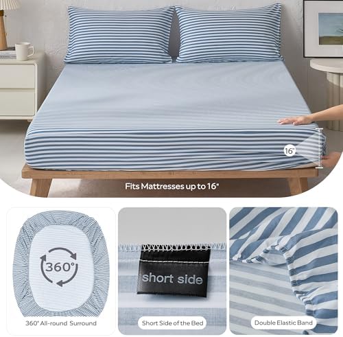 JELLYMONI 100% Cotton Sheet Set, Dusty Blue Striped, Queen