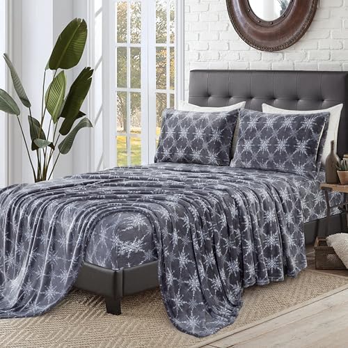 Elegant Comfort Luxuriously Soft 4-Piece Holiday Velvet Plush Flannel Sheet Set - Premium Quality - Cozy Warm, Christmas Fuzzy Velvet Flannel Fleece Deep Pocket Sheet Set - Full, Gray Snowflake