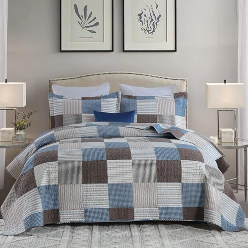 Y-PLWOMEN 100% Cotton King Size Quilt Farmhouse Plaid 3-Pieces Bedding