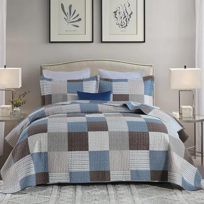 Y-PLWOMEN 100% Cotton King Size Quilt Farmhouse Plaid 3-Pieces Bedding