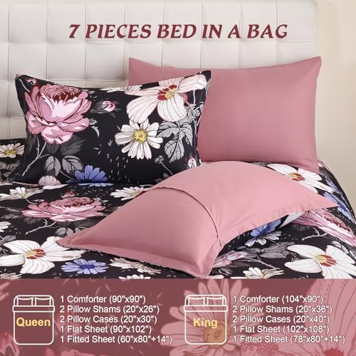 Luxudecor King Comforter Set 7 Pieces Bedding Sets,Black Pink Floral Comforter and Sheet Set,Soft Microfiber Bed in a Bag for All Seasons (Black Pink,104"x90")