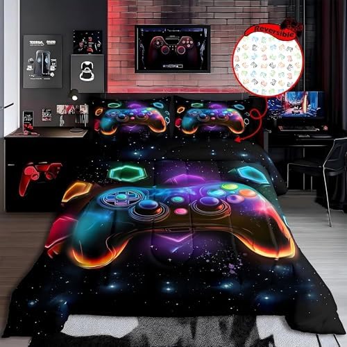 Erosebridal Game Consoles Full Size Bedding Set Gamer Gifts,Gaming Comforter Sets for Boys Space Glow Geometric Kids Comforter Sets Boy Red Green Blue Teal,Gamer Decor for Boys Bedroom