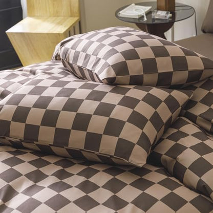 Wellboo Brown Plaid Comforter Sets California King Dark Brown and Cream Coffee Checkerboard Grid Bedding Comforters Cal King Women Men Taupe Checkered Geometric Quilts Soft Luxury Brown Abstract Bed