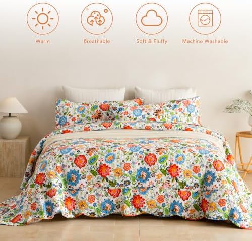 Lady Ann Oversized King Quilt 120x120 - Vibrant Multicolor Folk Flowers Print Quilted Bedspread Set, Soft Lightweight Bohemian Farmhouse Coverlet with Scalloped Edge, 3 PCS Cotton Bedding Set