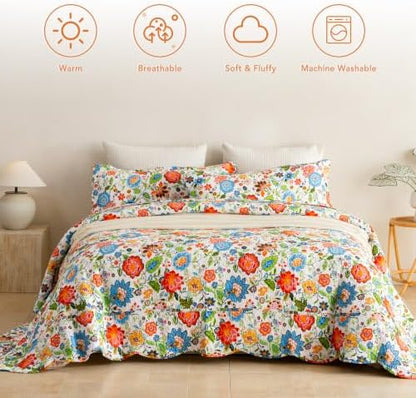 Lady Ann Oversized King Quilt 120x120 - Vibrant Multicolor Folk Flowers Print Quilted Bedspread Set, Soft Lightweight Bohemian Farmhouse Coverlet with Scalloped Edge, 3 PCS Cotton Bedding Set