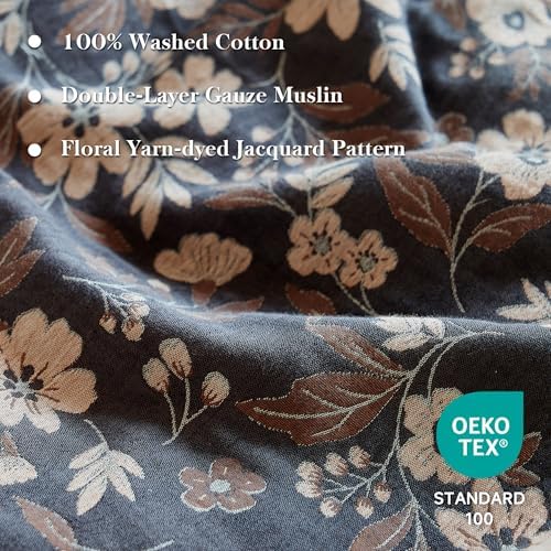 Simple&Opulence Muslin Duvet Cover Set Queen Size, 100% Washed Cotton 3 Pieces Yarn-Dyed Vintage Navy Floral Jacquard Textured Bedding, Soft & Breathable Gauze Comforter Cover with Zipper Closure