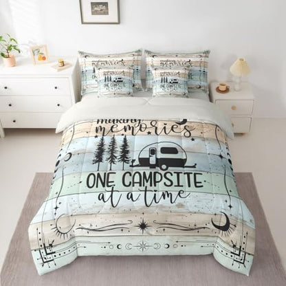 Happy Camping Comforter Set Full, 7 Pieces Rv Camper Bed In A Bag Rustic Farmhouse Bedding Vintage Old Barn Door Bed Set (1 Comforter,2 Pillowcase,2 Throw Pillow Covers,1 Flat Sheet,1 Fitted Sheet)