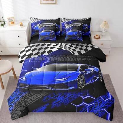 Feelyou Racing Car Bed Set for Kids Boys Girls Full Size Speed Sports Car 7 Pieces Beeding Set Teen Adult Soft Extreme Sports Bed in a Bag with Comforter, Sheets, Pillowcases Honeycomb Pattern