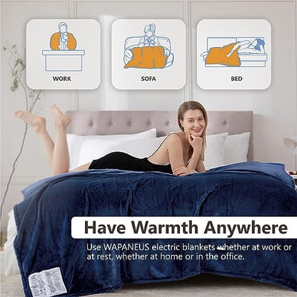 Wapaneus Heated Blanket Electric Blanket 62" x 84" Twin Size with 10 Heating Levels and 12 Hours time Settings, Flannel Fast-Heating Electric Blanket, ETL Listed, Machine Washable,Dark Blue