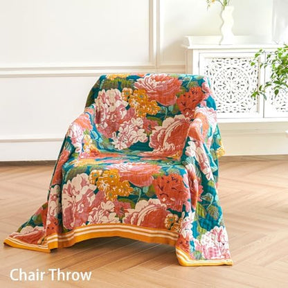 VANJOROY Boho Throw Blanket, 100% Organic Cotton Breathable Ultra Soft 60" x 80" Bed Quilt Throw - All Season Floral Rustic Farmhouse Decor Luxury Reversible Blanket for Sofa Couch Chair and Gift