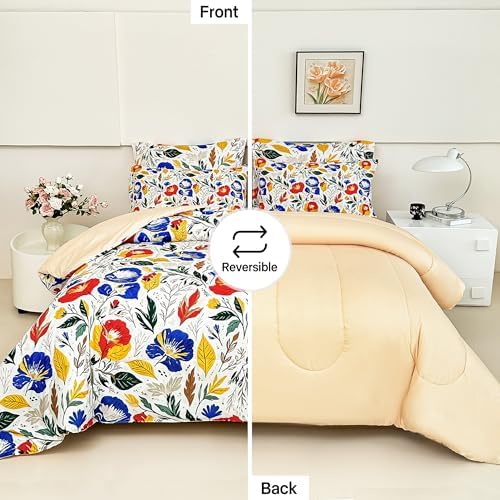 lasoftan Floral Queen Comforter Set with Sheets, 7 piece Luxury Vintage Bedding, Soft Microfiber Bed in a Bag, Cozy Lightweight Bed Set, Blue Orange Flower