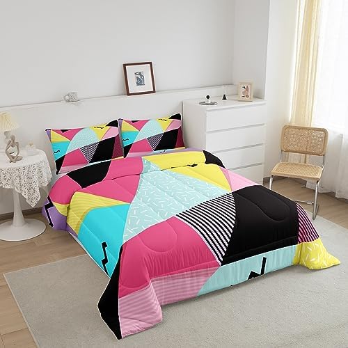 Manfei Memphis Comforter Set Twin Size, Retro 80s 90s Fashion Style Quilt Set with 1 Pillowcase, Colorful Triangle Geometric Bedding Set 2pcs for Kids Boys Girls Lightweight Duvet Insert