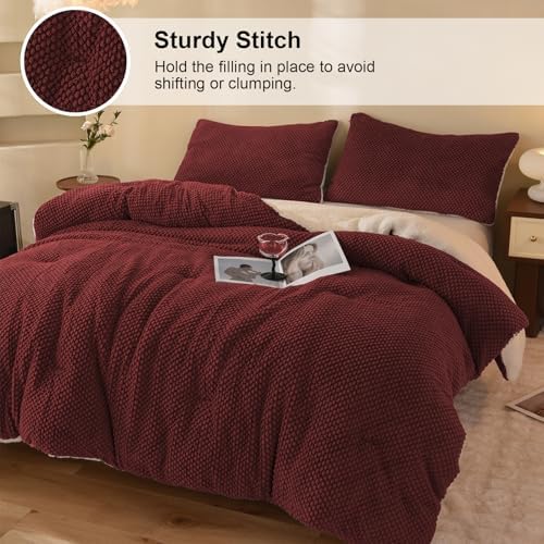 LLanCL 3D Jacquard Design Comforter Set, Ultra-Soft Warm Twin Size Sherpa Fur Plush 2-Pieces Sets Luxury Cozy Bedding with 1 Pillowcase (68"x90", Burgundy)