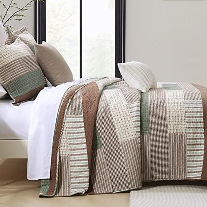 Finlonte Quilt Queen Size 100% Cotton Queen Size Quilts Brown Green Beige Bedspreads Plaid Quilts Lightweight Soft Breathable Bedding Sets for All Season, 3 Piece