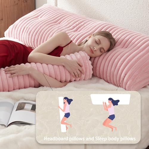 Headboard Pillow + A Long Neck Roll Pillow Body Pillow，Faux Fur Headboard Wedge Pillow with Removable Cover (Pink, Full：54x8x20 inches)